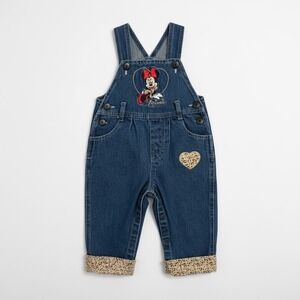 Disney Minnie Mouse Baby Girl Denim Overalls Leopard Print 12M Vintage Style